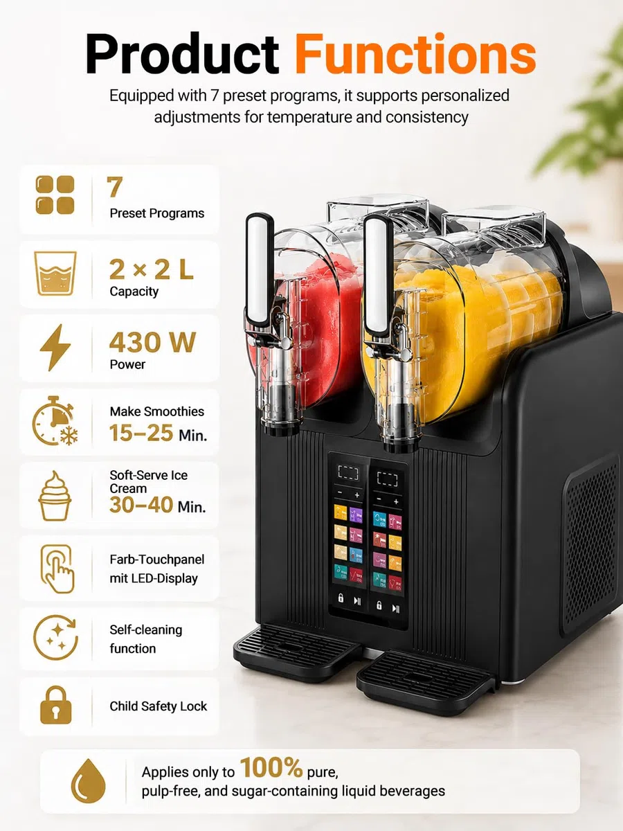 Doble Cabezal Máquina de Granizados y Máquina Soft Serve, 2L Cada Uno White | Dos Depósitos PC de 2L Preparan Dos Sabores; 430 W, Mezcla 360°, Bloqueo Infantil, Autolimpieza y Ventilación por Tres Lados