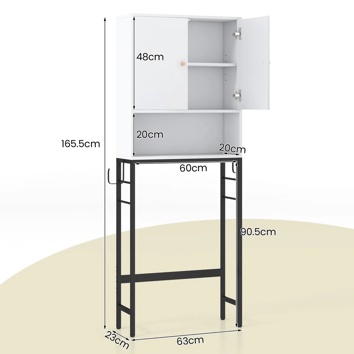 GOPLUS Armario sobre la Mesa del Inodoro, Armario de Baño con Doble Puerta, Compartimento Abierto, Estante Ajustable, Barra Inferior para Lavadero, 63x23x165,5cm (Blanco)