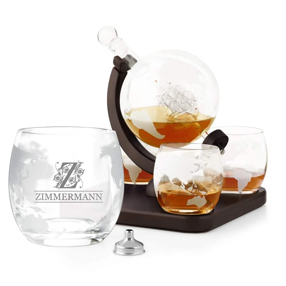 Maverton Decantador Globo - 4 Vasos Cristal Grabado 300 ml - Regalos Cumpleaños Elegantes- Regalos San Valentin Hombre - Barco Dentro 25x11 cm 850 ml