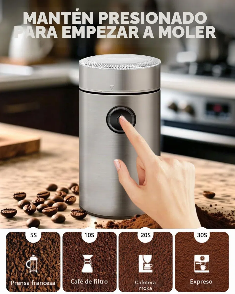 Molino de Café Eléctrico de Acero Inoxidable, 150W 22000 RPM Alta Velocidad, Capacidad 50g, Molinillo Compacto para Granos de Café, Nueces, Especias y Semillas (9.7x9.7x17.8cm)