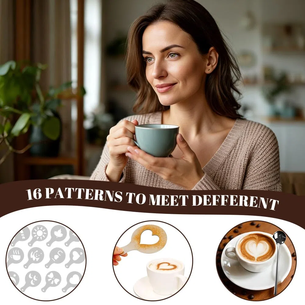 Vicloon Juego Café Tamper, 51mm Prensador Café 304 Acero Inoxidable 23 Piezas Profesional con Jarra de Leche 350 ml Agitador Aguja Plantillas Lápiz para Arte Latte Cuchara Toalla de Barista Tapete