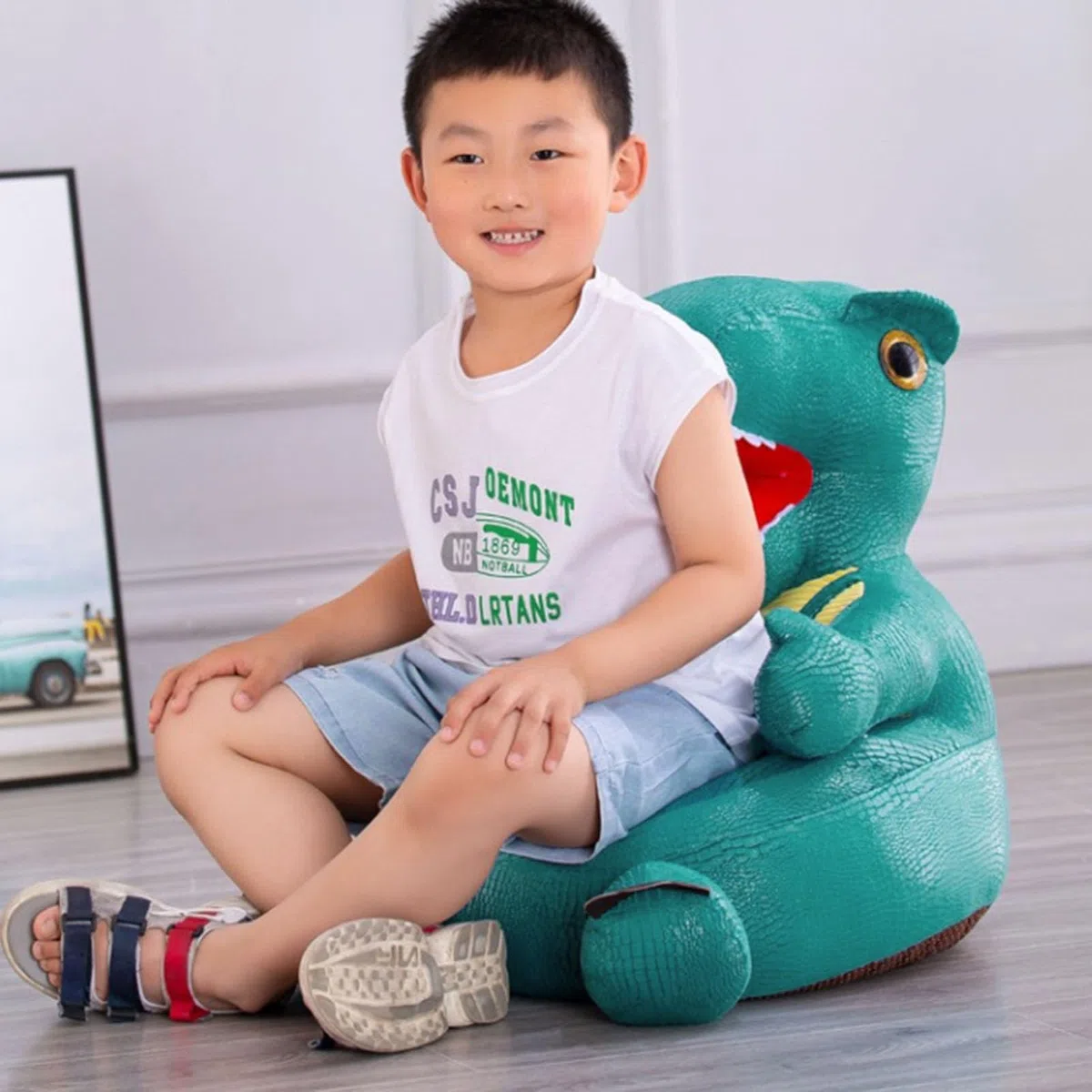Funda para puf de dinosaurio (sin relleno), lavable a máquina, organizador de almacenamiento de animales de peluche, para niños y niñas, color verde