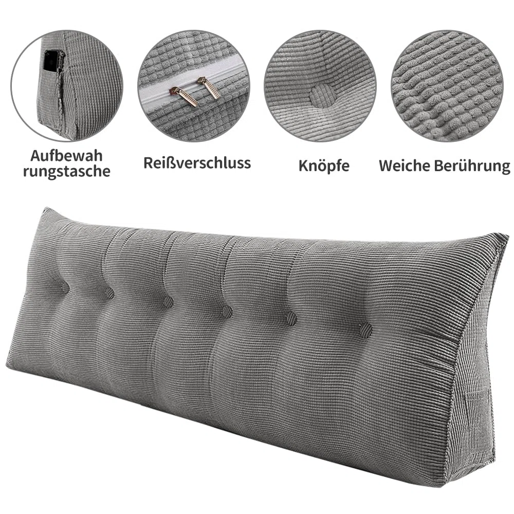 OHMG - Cojín grande para cabecera de cama, XXL, cojín de respaldo gris, cojín de lectura, cojín de apoyo lumbar, respaldo de tamaño, travesaño de posicionamiento suave, 180 x 50 x 20 cm