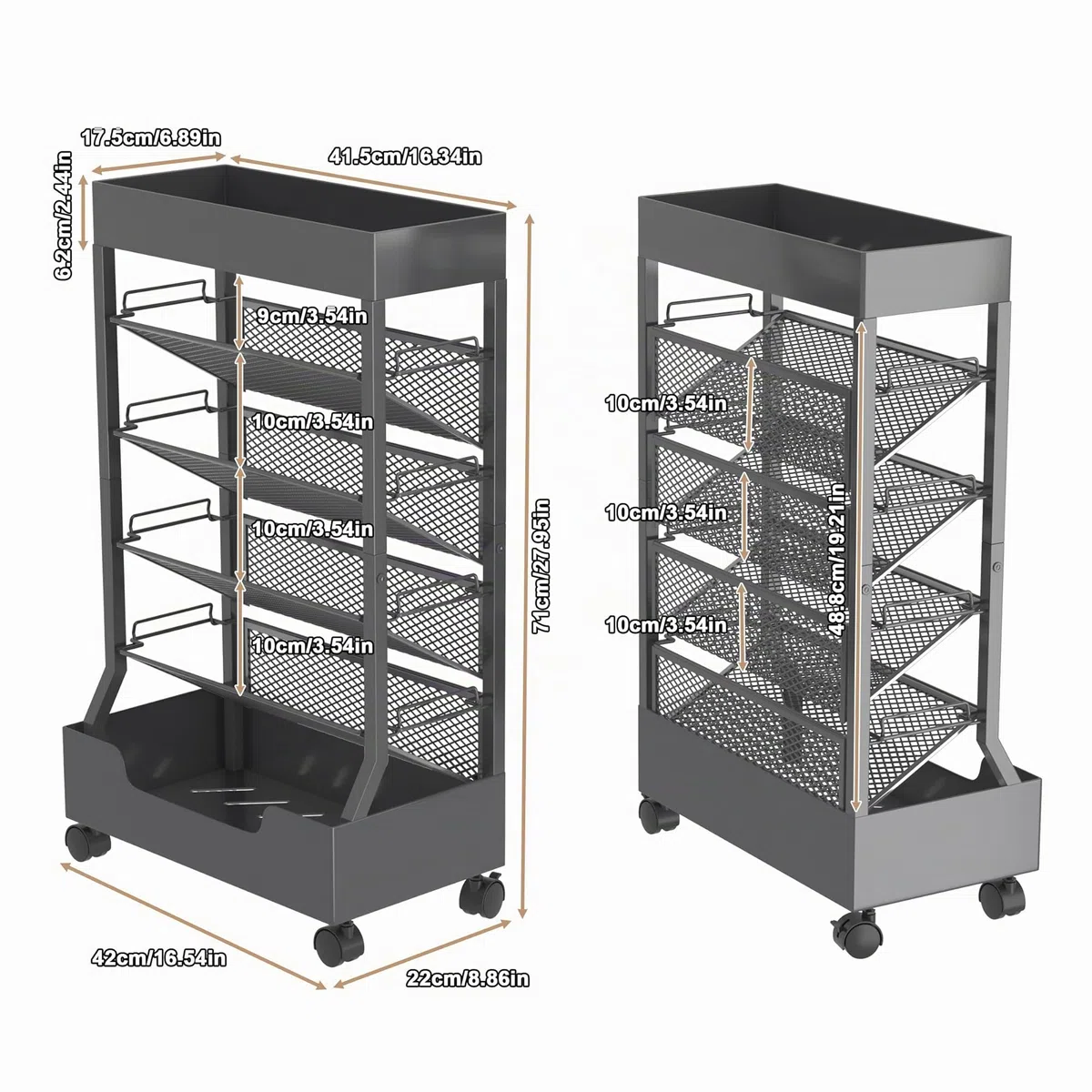 Estantería Móvil con Rueda, Organizador de Escritorio | 6 Niveles, Metal, Carrito Almacenamiento para Libros, Revistas, Gran Capacidad, Estantería de Oficina, Gris