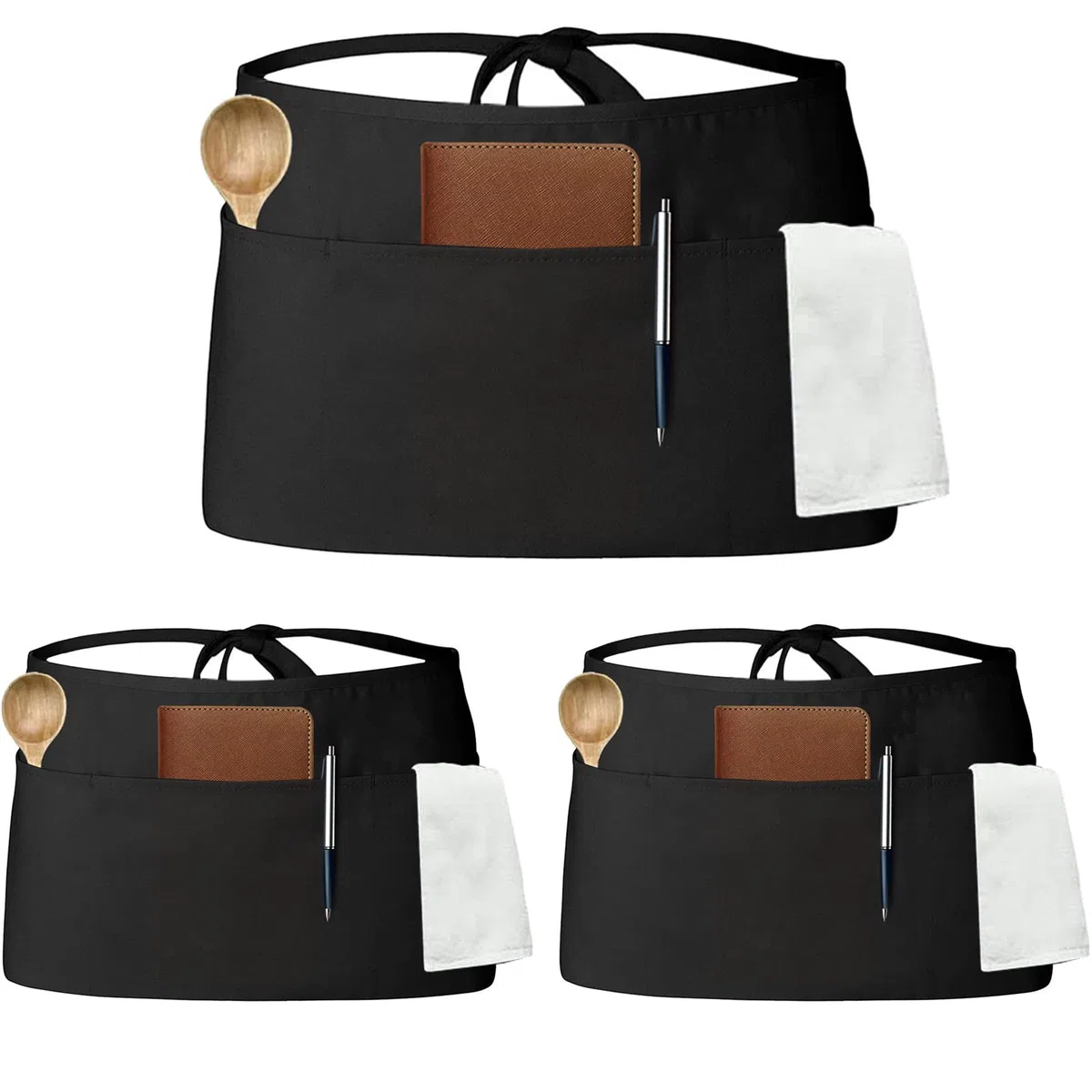 Tosewever Delantales de camarero con 3 bolsillos, delantal de cintura para camarera para mujeres y hombres, restaurante, hogar, color negro, medio delantal
