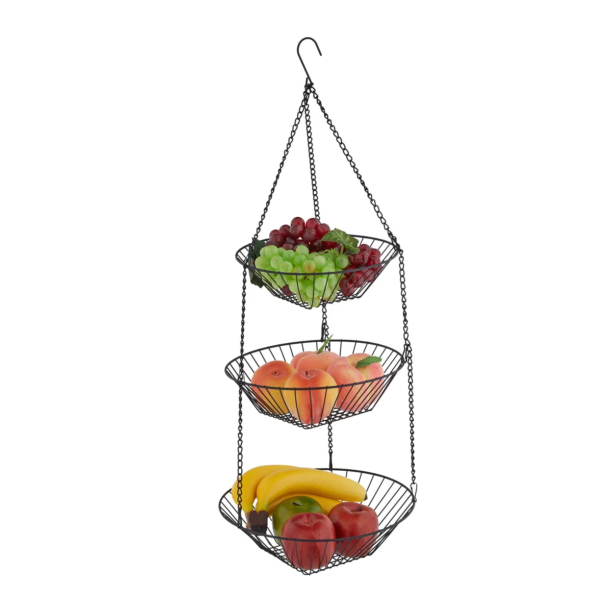 Relaxdays Frutero Colgante, 73x28 cm, 3 Niveles, Acero, Cesta Redonda para Fruta y Verdura, Almacenamiento Cocina, Negro