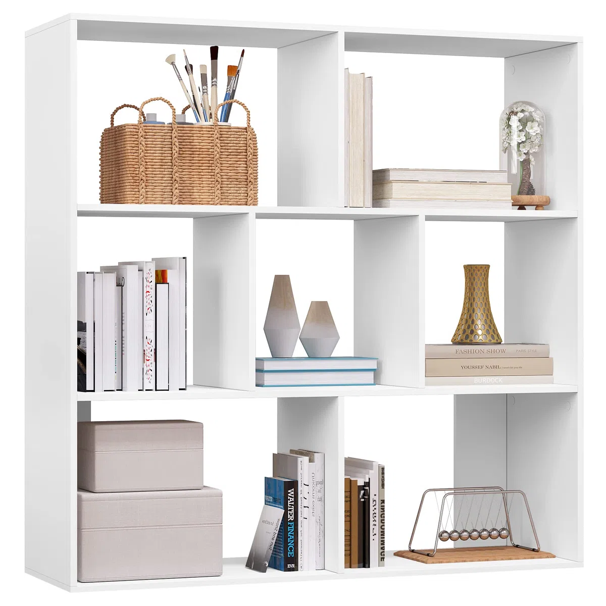 eSituro Librería de Madera, Estantería Libros de 3 Niveles | 7 Estantes Modulares de 2 Tamaños, para Salón, Oficina, Dormitorio, Estudio, Blanco, 100x100x30 cm, SBKC0042