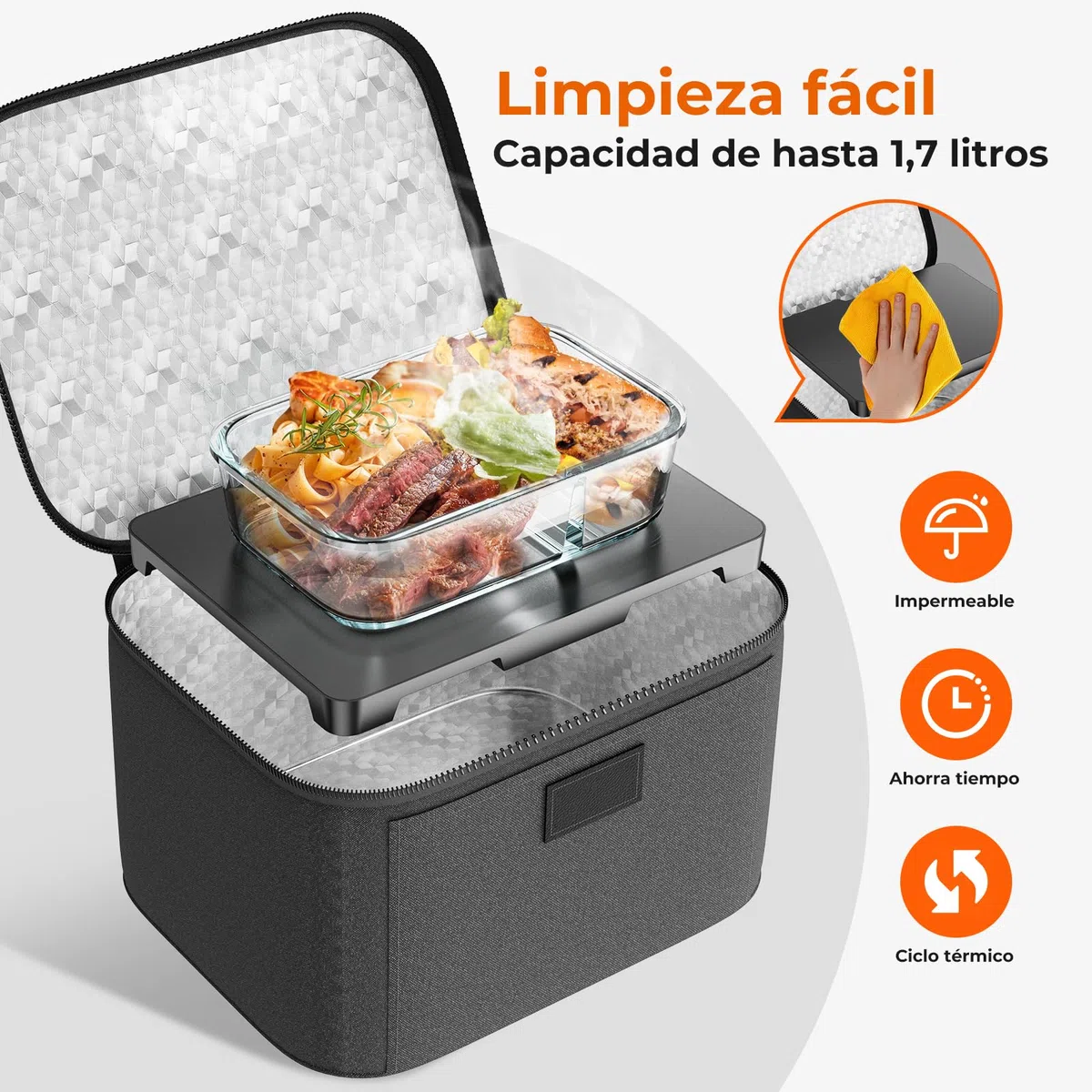 Fiambrera Eléctrica de 80 W - 3 en 1 Gran Comida Térmico con Bolsa, Calentador de Comidas Pequeño, 12V/24V/220V para Coche, Camión, Oficina y Viajes, Negro
