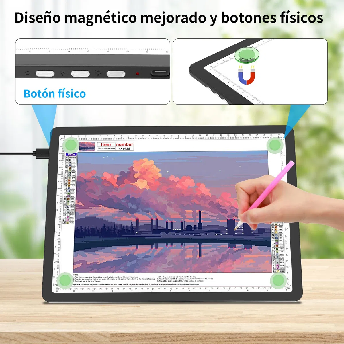 TOHETO Tablero de luz A4 para pintura de diamantes, almohadilla de luz magnética súper brillante con botones laterales, caja de luz para trazar y dibujar, mesa de luz con cable para bocetos, animación