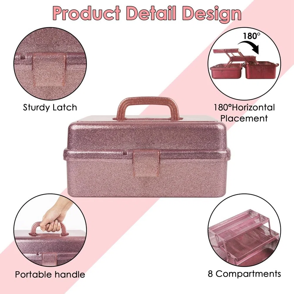Caja de Almacenamiento de Herramientas para Manualidades y Color Rosa Brillante, Caja de Herramientas de Transporte Apilable de 3, Caja de Costura, Organizador para Arte