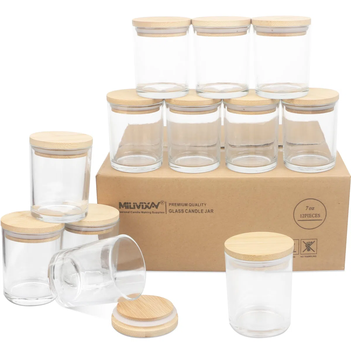MILIVIXAY - Juego de 12 tarros de vidrio transparentes vacíos de 200 ml con tapas para la fabricación de velas, especias, recipientes de polvo
