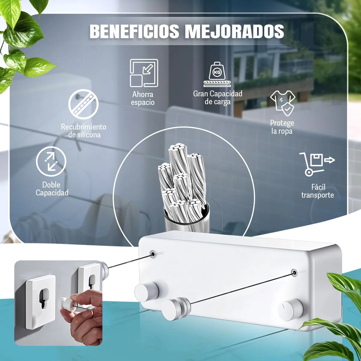 Super Tendedero Retractil Pared | 2 Cuerdas Acero Resistente 5.2m Cada una | Aluminio y PVC Premium | Soporta 25 kg, Tendedero Extensible Pared, 24 Pinzas y Accesorios | Blanco Minimalista