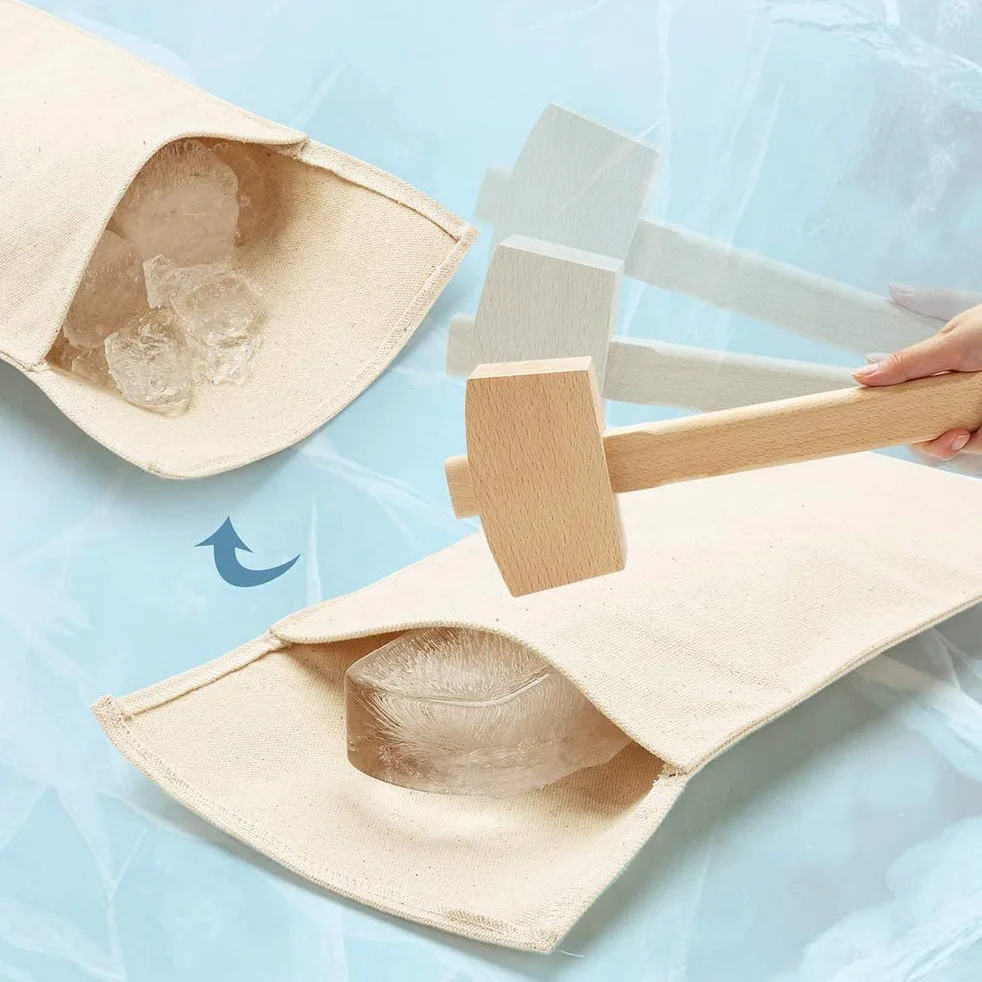 Lewis Bag and Manueller Eisbrecherhammer,Wiederverwendbarer Crushed Ice Bag aus Baumwolle mit Holzzubehör Bar Kitchen Accessory Kit für Crushes Ice Dried Ice. (2 pcs)