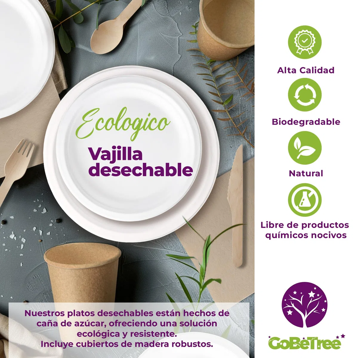 Vajilla Desechable de 200 pcs para 25 personas, Platos desechables de Caña de Azúcar y Cubiertos desechables de Madera, vasos desechables Kraft Para Cumpleaños infantil,fiestas y barbacoas