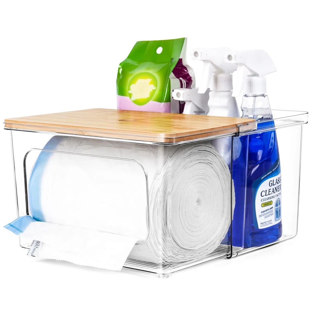 iCASA Dispensador de bolsas de basura, soporte para rollo – Contenedor de bolsas de basura acrílico transparente 2 en 1 con tapa de bambú, caja de almacenamiento de bolsas de plástico para cocina,