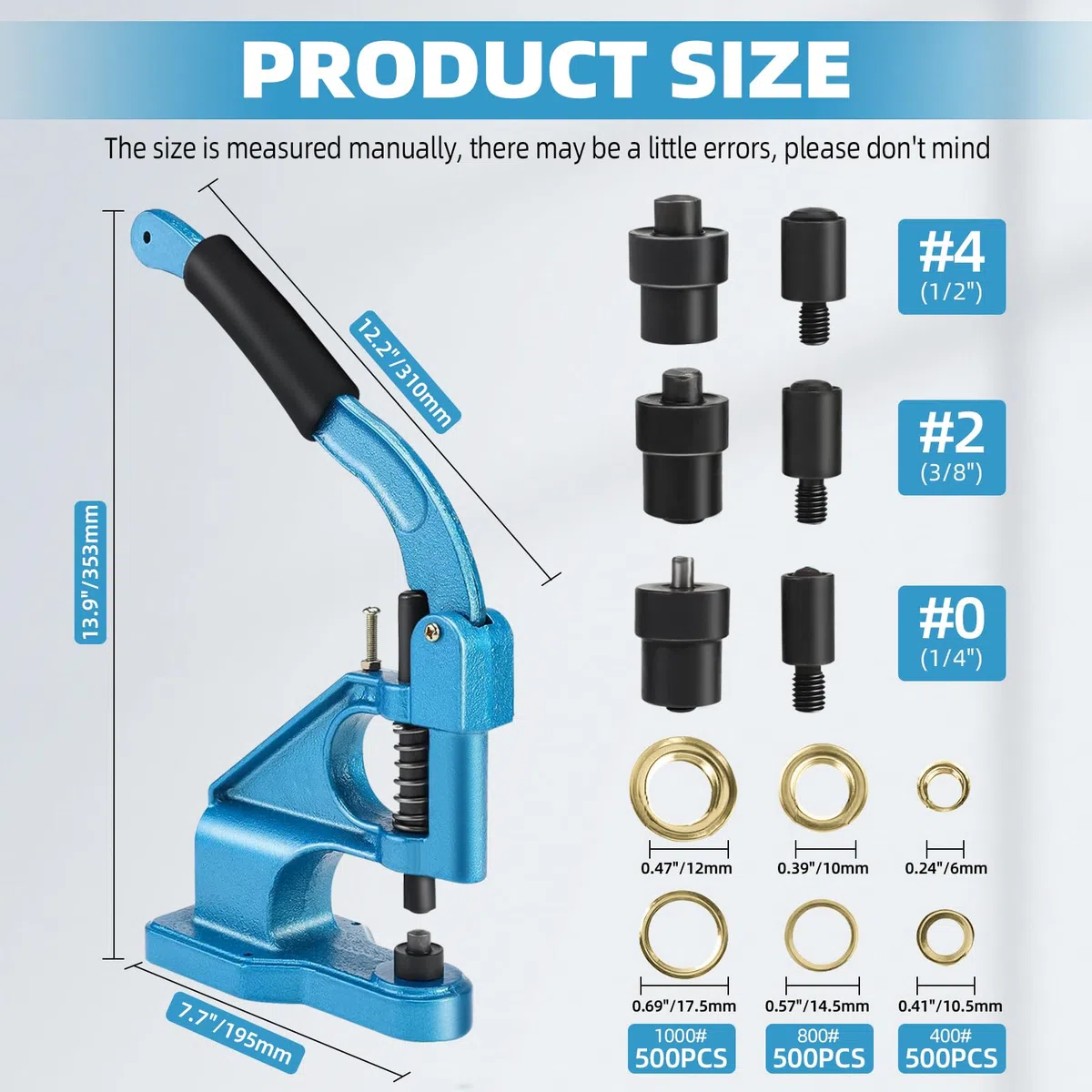 8MILELAKE Máquina de ojales de presión manual con 3 troqueles y 1500 ojales dorados, base de herramienta de perforación de ojales resistentes para pancartas, toldos, ropa, cortinas