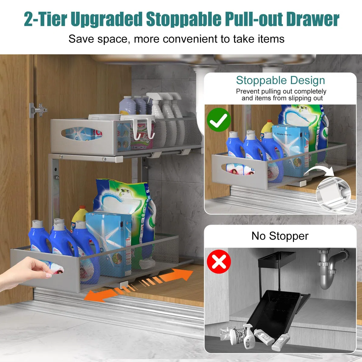 Housolution Organizador Bajo Fregadero de Metal, 2 Niveles Estanteria Bajo Fregadero Extraible con Altura Ajustable, Estante de Almacenamiento Bajo Fregadero para Cocina, 1 Pieza, Gris