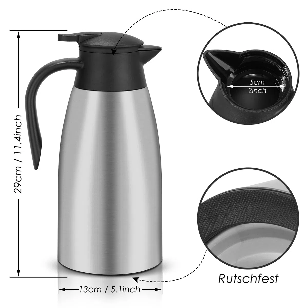 Hossejoy Termo de acero inoxidable de doble pared, aislamiento al vacío, jarra de café, 12 horas de almacenamiento de calor y frío, para café, leche, té, bebidas (plata)
