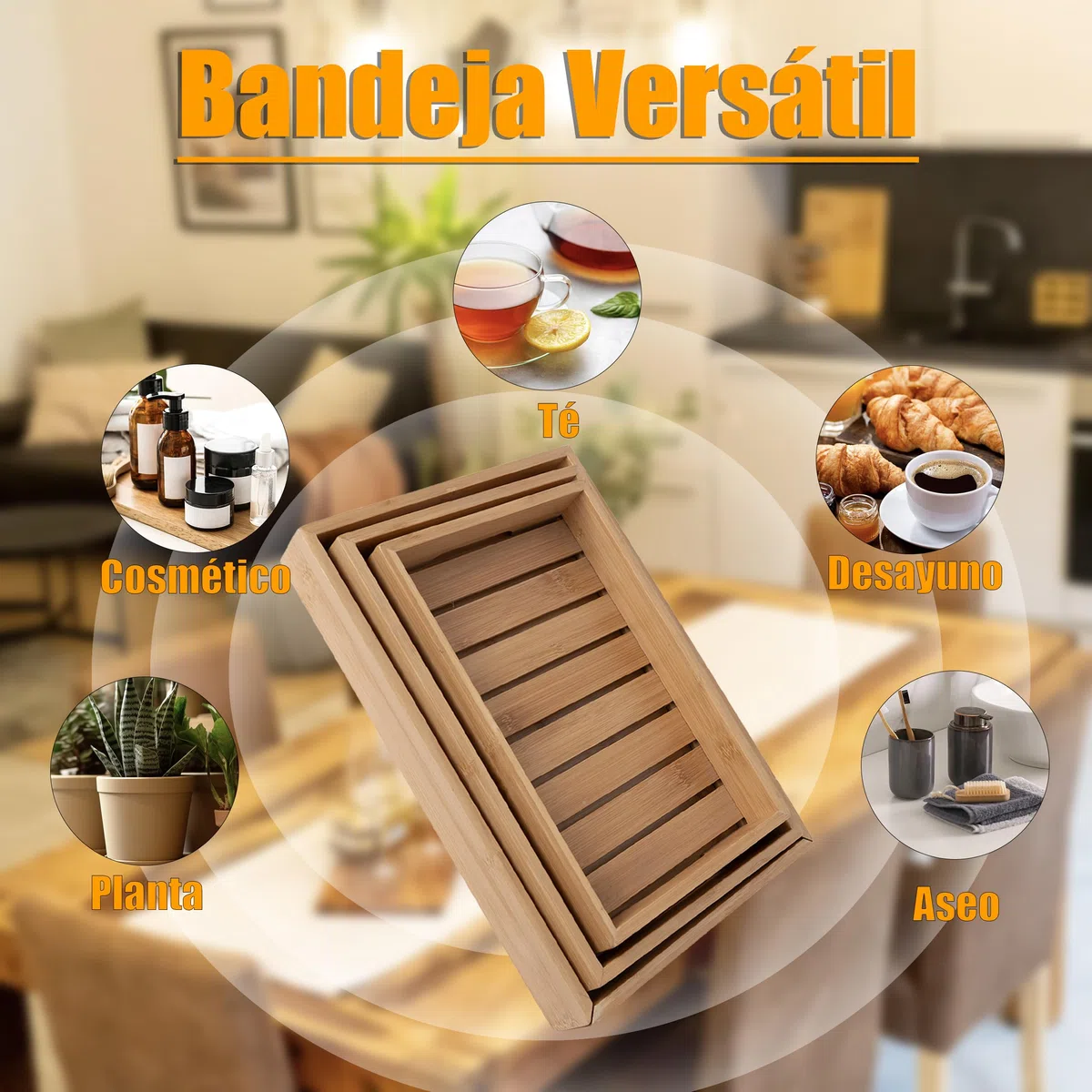 Set de 3 Bandejas de Bambú con Asas Ocultas, Organizadores Multiusos para Cocina, Comedor y Salón, Medidas: 38x26, 35x23, 32x20 cm, 5 cm de Alto,XZ-22115-1