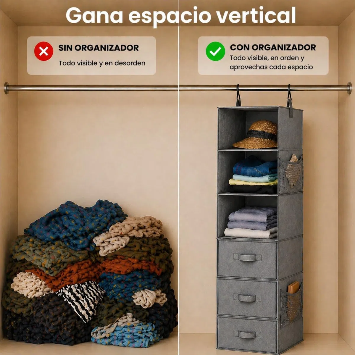 Armario Colgante 6 Baldas con 3 Cajones, Separable en 2 Módulos, Baldas Reforzadas Anti-hundimiento, Estantería Tela Plegable para Ropa, Sistema Vertical de Almacenaje