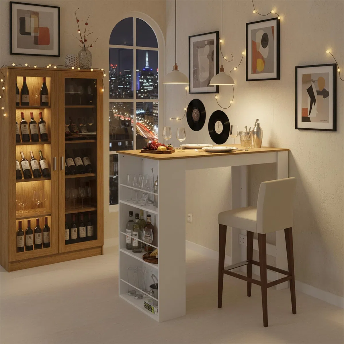 buybyroom Mesa de Bar con Espacio de Almacenamiento, Mesa de Bar de Cocina, Barra de Bar para Cocina, salón, Comedor, 112×57×106 cm, Blanco + Roble Claro