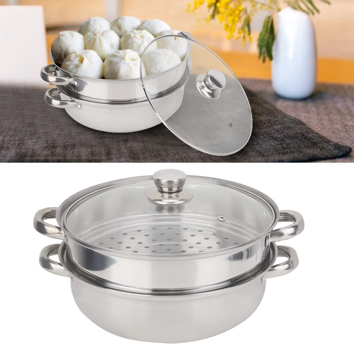 Olla de vapor de acero inoxidable de 2 capas para cocinar sopa al vapor y más, diseño de ahorro de energía de 27 cm con material de grado alimenticio, compartimento poroso para vapor y tapa de vidrio