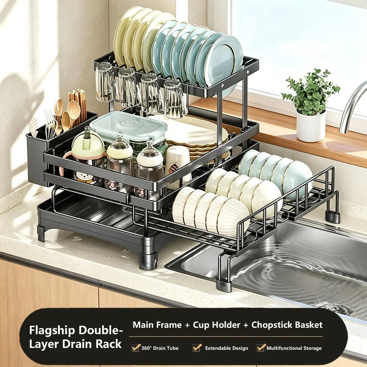 Escurridor Platos Para Encimera Cocina Gran Capacidad Extensible Con | Escurridor De Vajilla Para Fregadero De Cocina Para Cuenco Taza Cubiertos Esponja Espátul