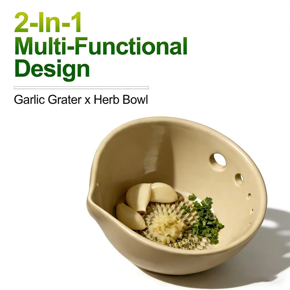 Handmade Garlic Grater X Herb Bowl, 2-In-1 Fresh Herb Stripper Bowl Ceramic with Built-In Grater and Herbs Stripper, Rasca Ajos Plate for Ginger, Garlic, Cheese Stem Remover (Blue)