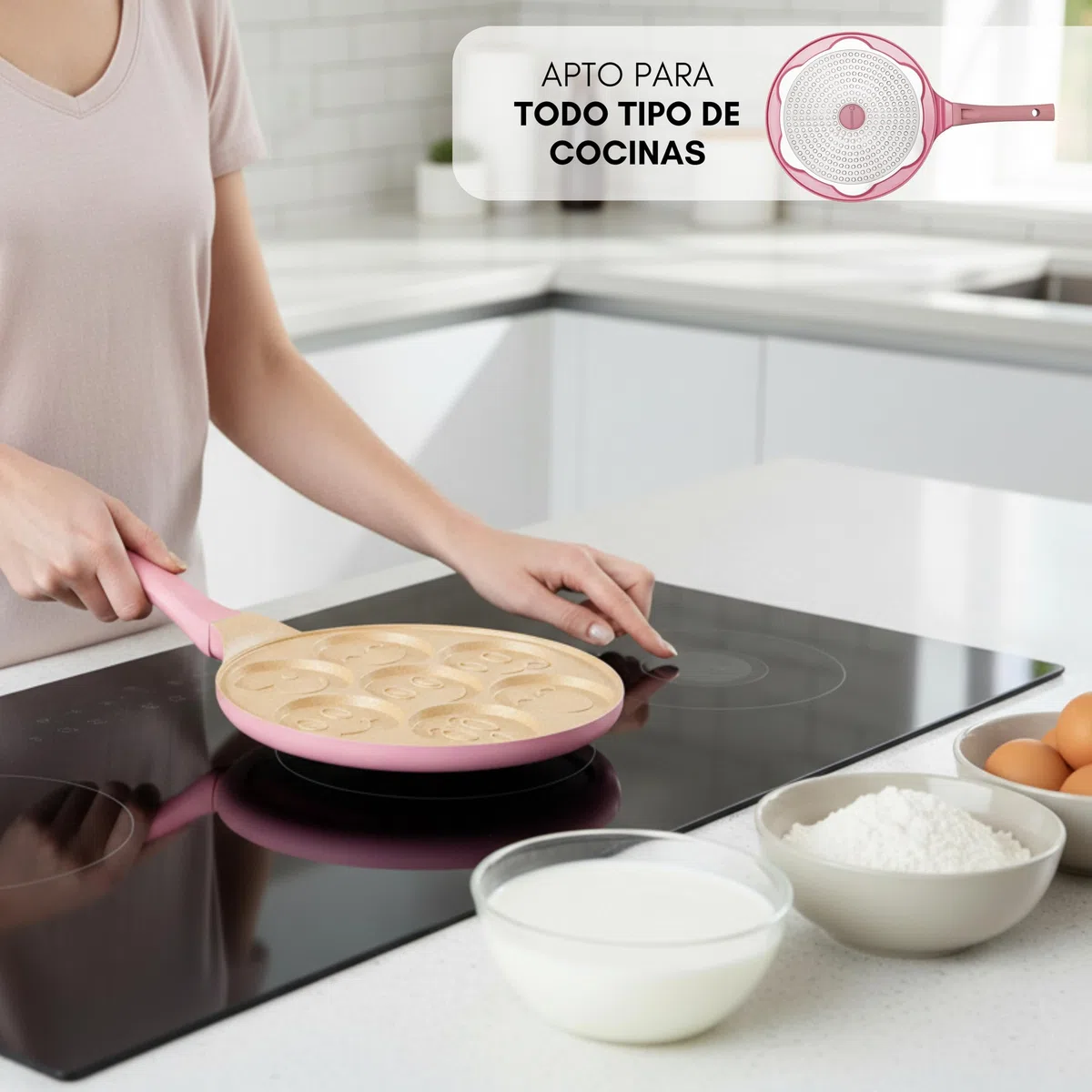 Erreke Sartén Antiadherente para Tortitas, Diseño Caritas, Inducción | Frigideira Panquecas. Doble Capa. Mango Tacto Suave. 7 Tortitas o Crepes. Para Toda la Familia. Desayunos Divertidos