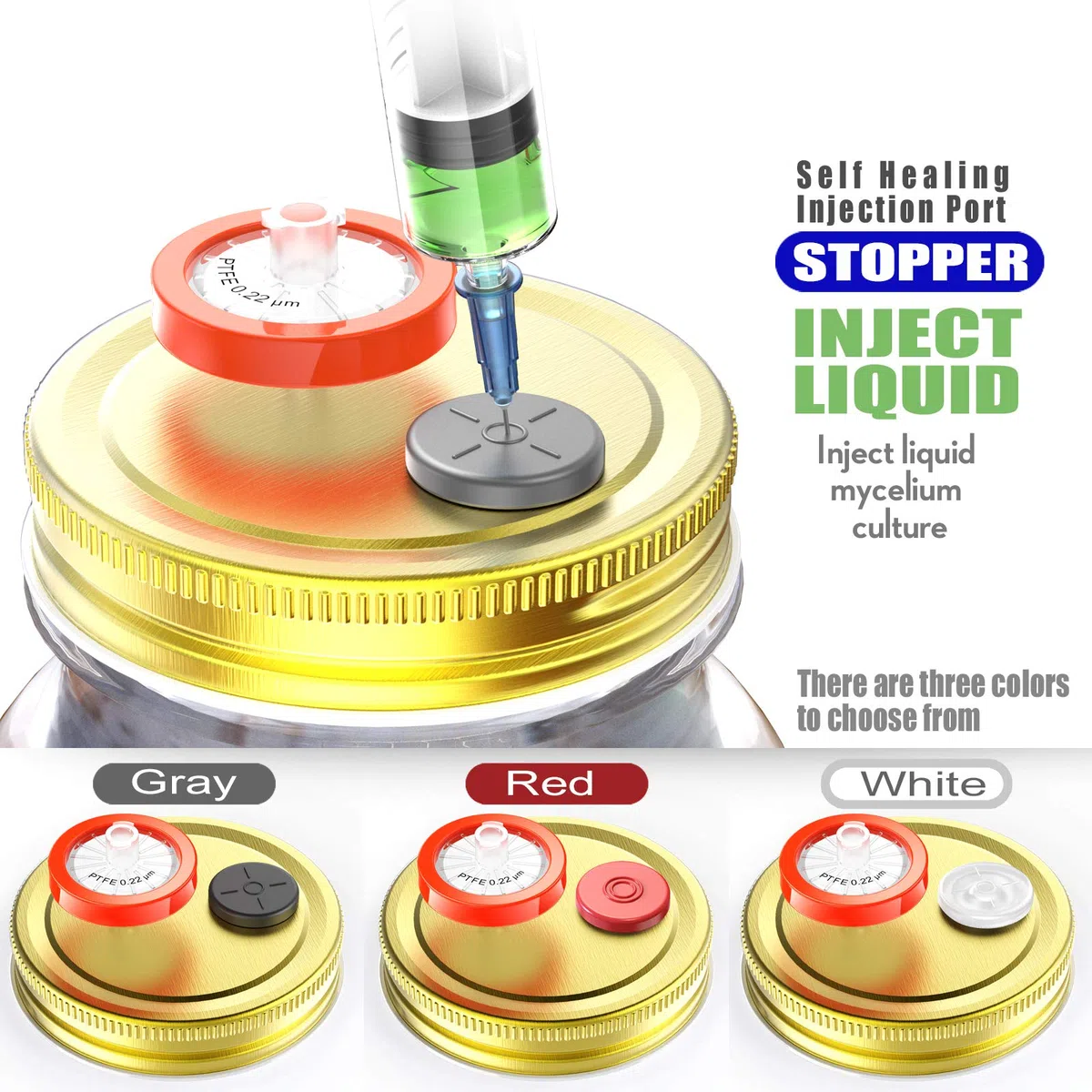 6 tapas de cultivo de líquido de setas de boca regular, para cultivo de granos, con filtro de jeringa PTFE de 0,2 micras y 20 mm de sellado de orificios de inyección para micología de crecimiento