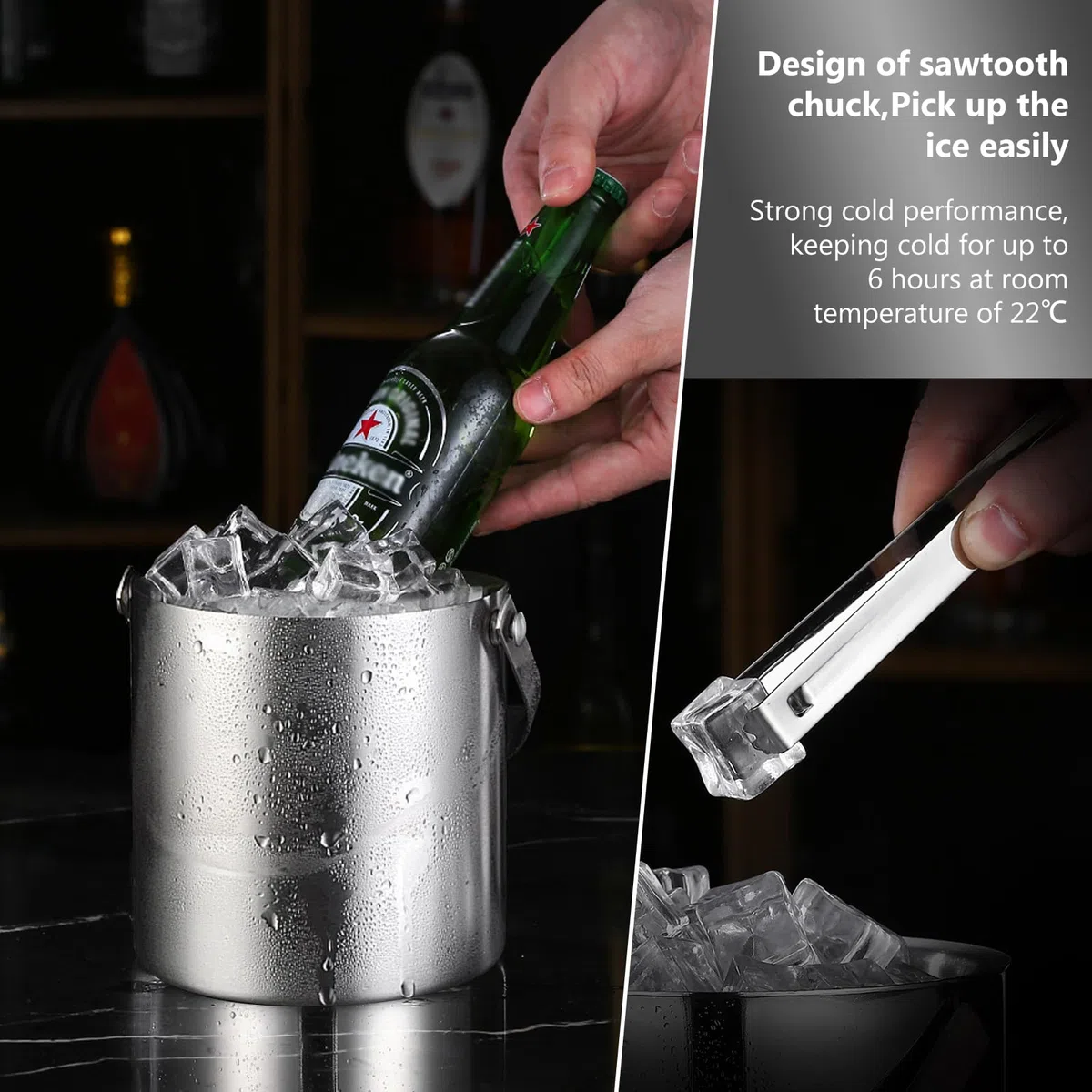 Cubitera de acero inoxidable, cubo de hielo con tapa, pinzas y asa, 2 l, doble pared, aislado para champán, ideal para enfriar cerveza, champán y vino