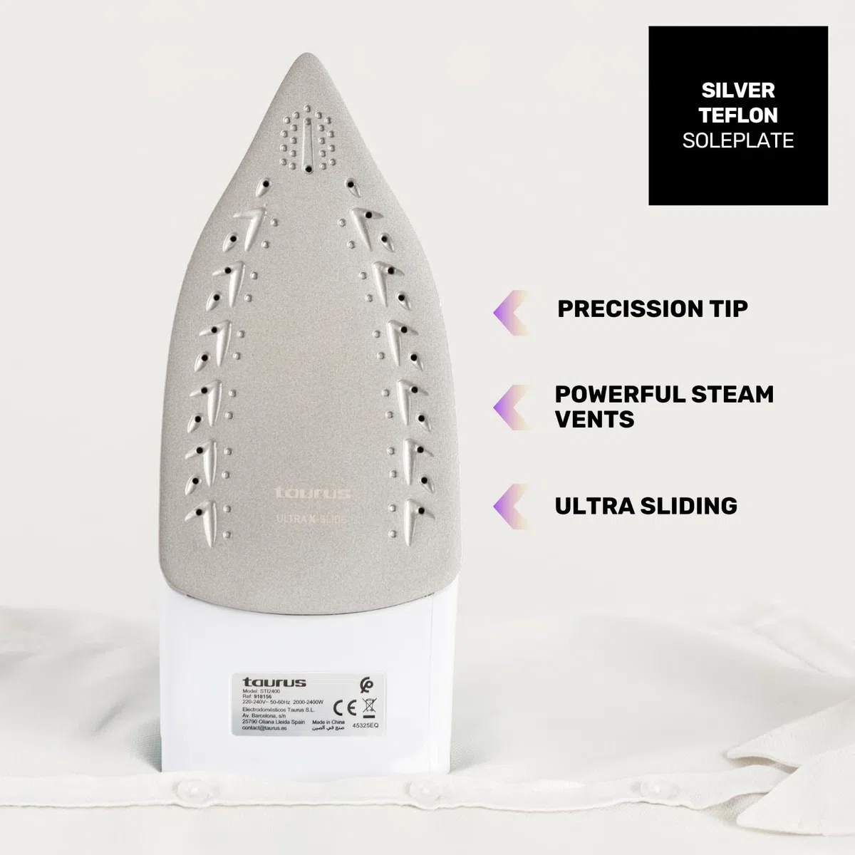 Taurus – Plancha de Vapor Baltic, 2400W, Golpe Vapor 130 g/min, Vapor Continuo, Planchado Vertical, Regulador Temperatura, Antical, Antigoteo, Autolimpieza, Suela Teflón, Depósito 250ml, Azul y Blanco