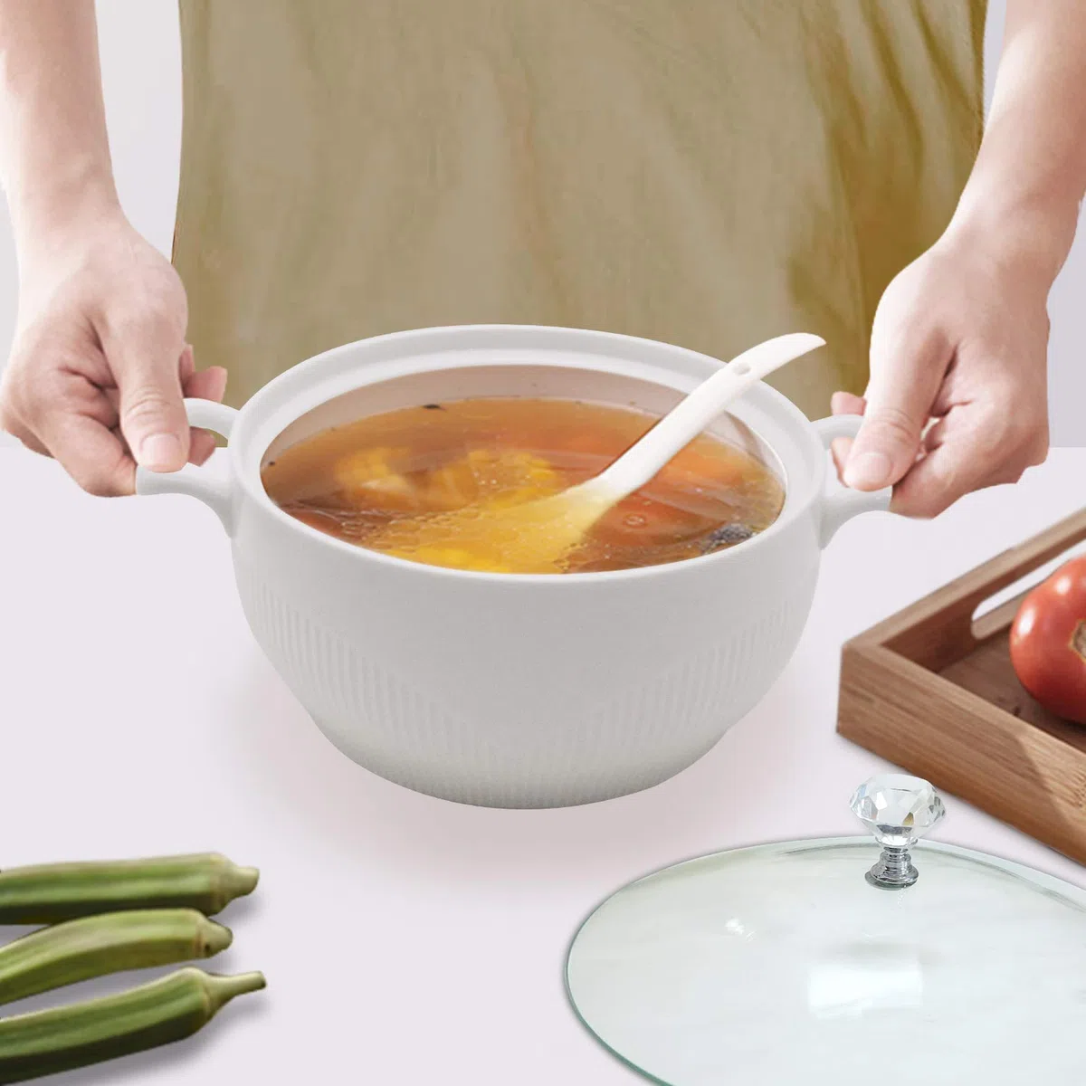 ABHOME Sopera de porcelana con tapa de cristal transparente para sopa de cerámica para restaurante, hogar, cocina, decoración blanca, bonita olla (1,3 L)