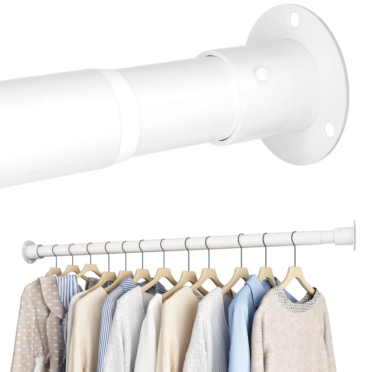 Barra Armario Extensible con Enchufes de Fijación y Tornillos, Barra para Colgar Ropa Extensible, para Armario, Guardarropas, Lavandería, 85-160 cm, Blanco (Diámetro 32 mm)