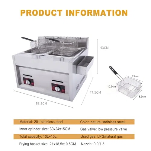 Freidora de gas industrial, freidora profesional de acero inoxidable con cesta, ideal para restaurantes y cocinas domésticas