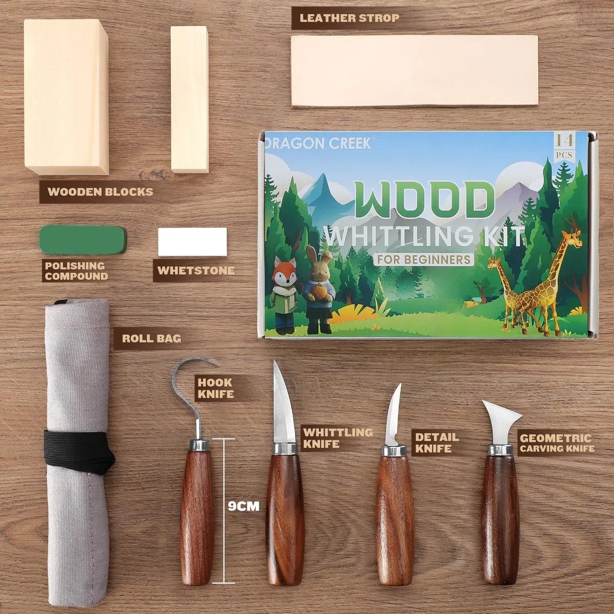 Dragon Creek Herramientas para tallar madera -17 piezas, cuchillo infantil de alta calidad, incluye guantes resistentes a los cortes, 8 piezas de madera, 4 cuchillos para tallar niños, juego de