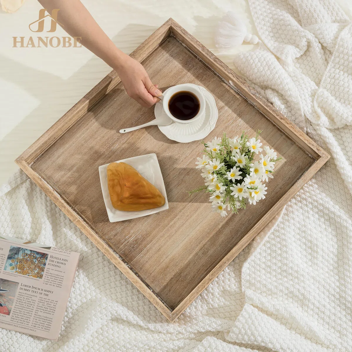Hanobe Bandeja otomana grande para servir: bandejas de madera para mesa de centro con asas de 20 pulgadas para sala de estar, decoración otomana rústica cuadrada extra grande de gran tamaño para | Decoración cuadrada grande rústica de gran tamaño para sal