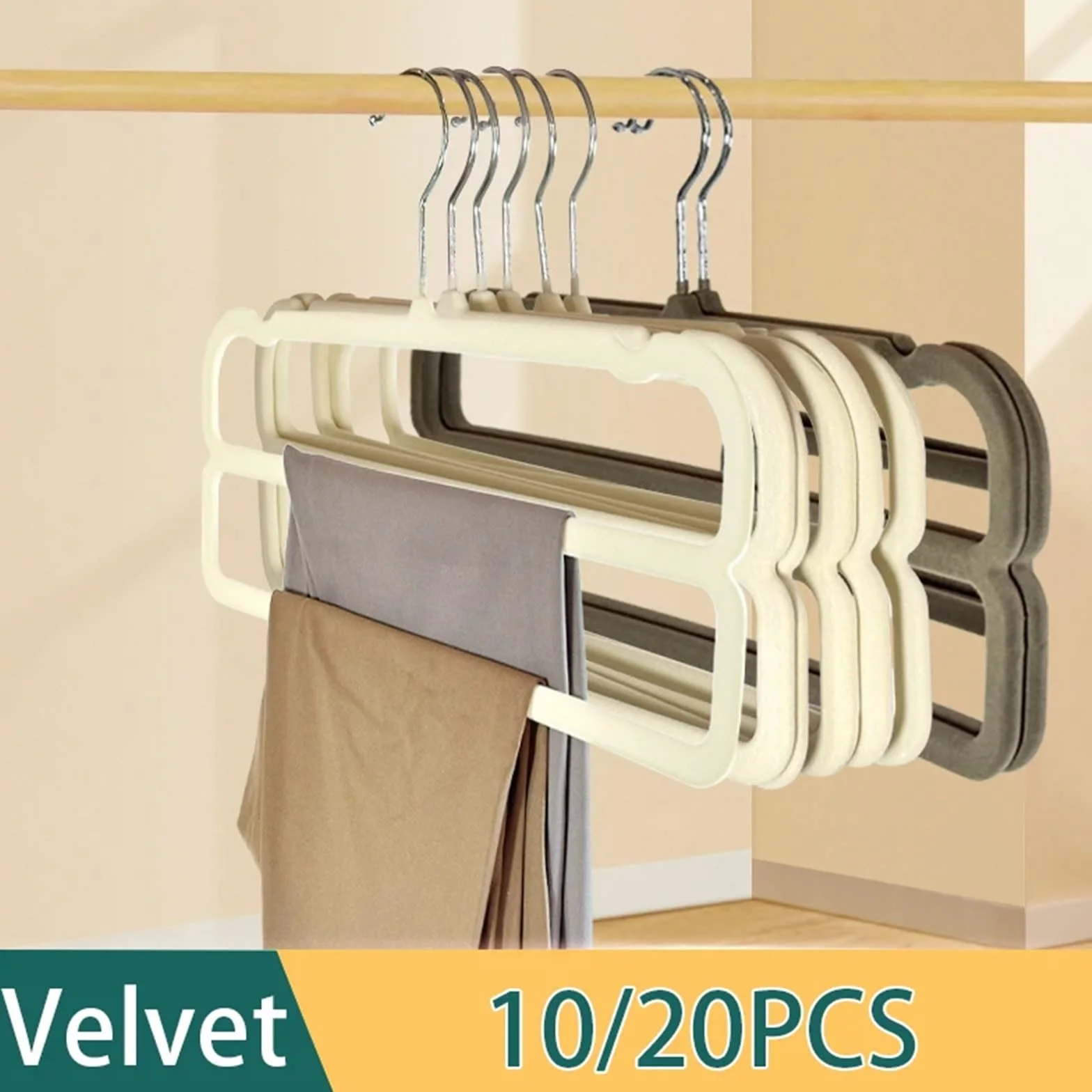 Perchas Pantalones Perchas Antideslizantes de Terciopelo de Doble Capa, ahorradoras de Espacio for Pantalones y Sujetadores, 10 o 20 Unidades.(Beige,20PCS)