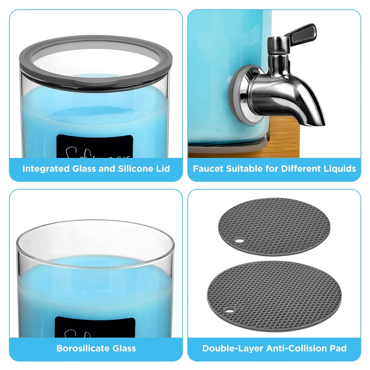 Dispensador de detergente de vidrio para lavandería, dispensador de líquido para lavandería con grifo de acero inoxidable, juego de 2 dispensadores de líquido, recipientes de vidrio para