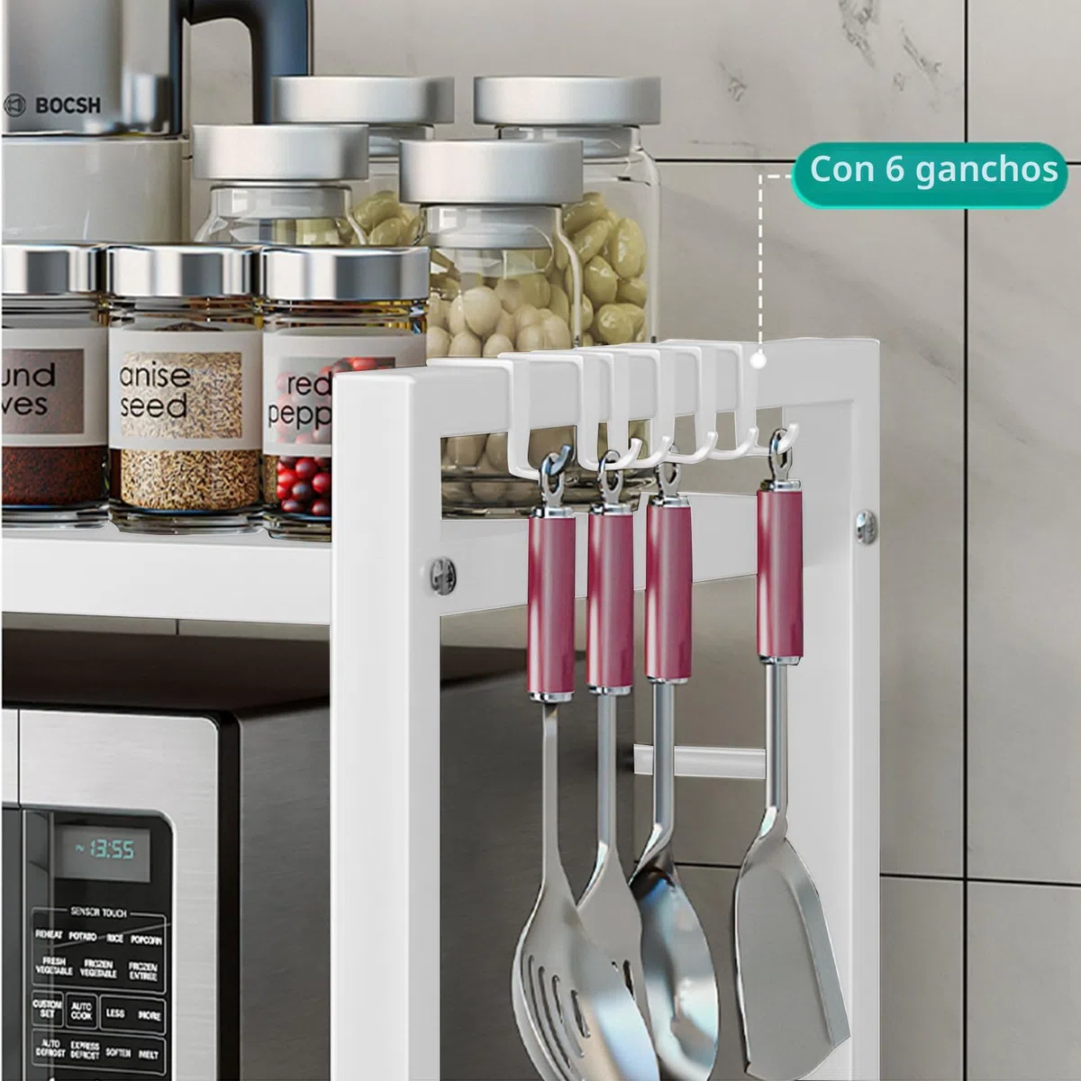 devesanter Estantería para microondas de 3 niveles, organizador con 5 ganchos, estante de cocina, estante para especias, extensible, para encimera, para panadería de 40-6