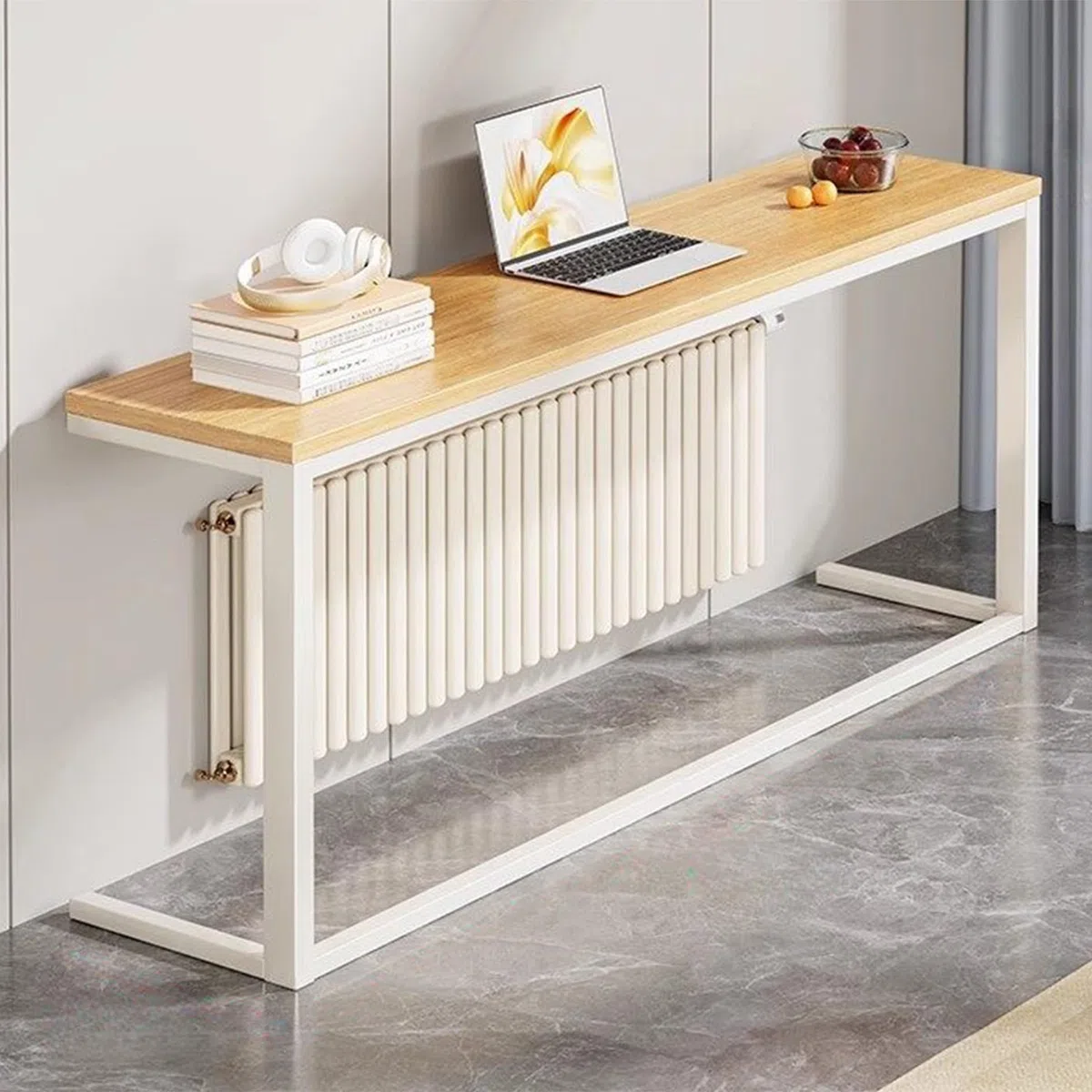 Estante delgado negro para cubierta de radiador de 31.4 x 5.9 pulgadas, diseño de madera y metal, ideal para sala de estar y entrada, decoración moderna del hogar