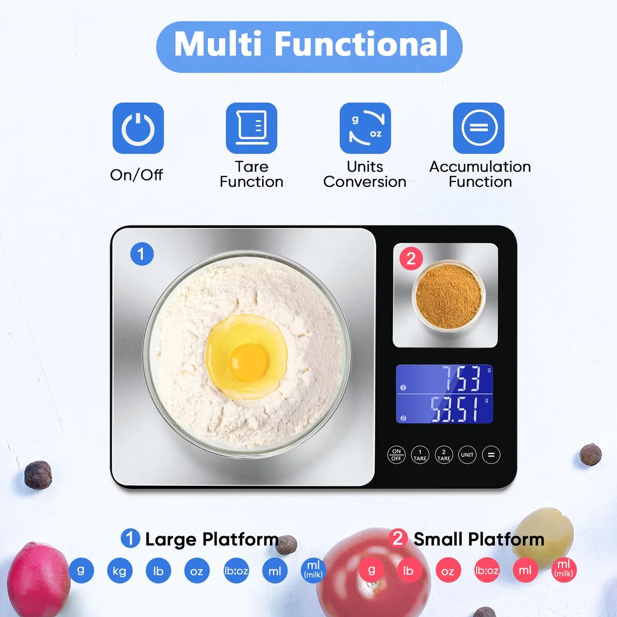 Báscula de cocina digital de doble plataforma,1 g y 0,01 g de precisión, capacidad de 15 kg y 500 g, Ideal para alimentos, hornear, cocinar y joyas, Pantalla LCD y función de acumulación