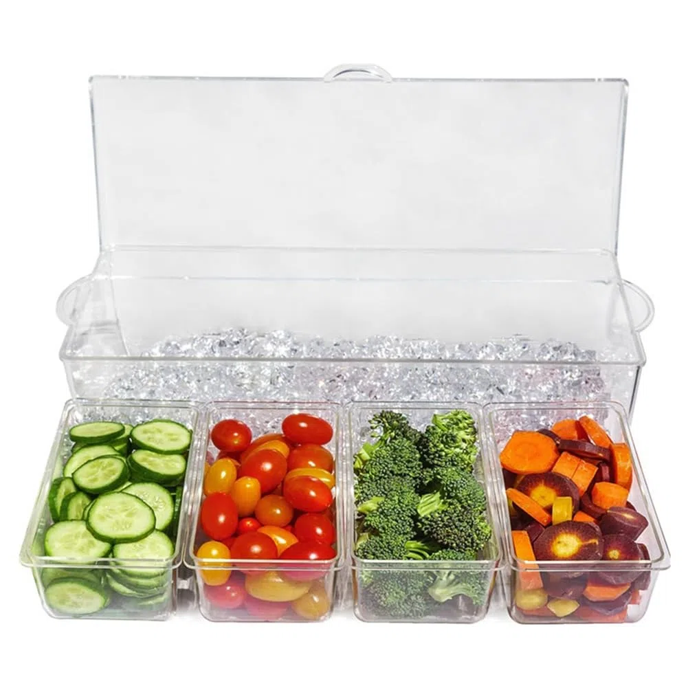 Servidor de condimentos refrigerado por hielo con 4 recipientes separados, incluye bandeja y tapas, perfecto para barbacoas, fiestas y cenas al aire libre, mantiene las salsas frescas y frías