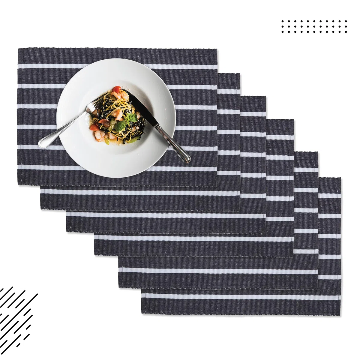 Encasa XO Juego de Manteles Individuales para Mesa de Comedor Set de 6 | Color Roma Gris Rayas | Mantel de Algodón Acanalado Fino | Tamaño 48x32 cm | Lavable a Máquina