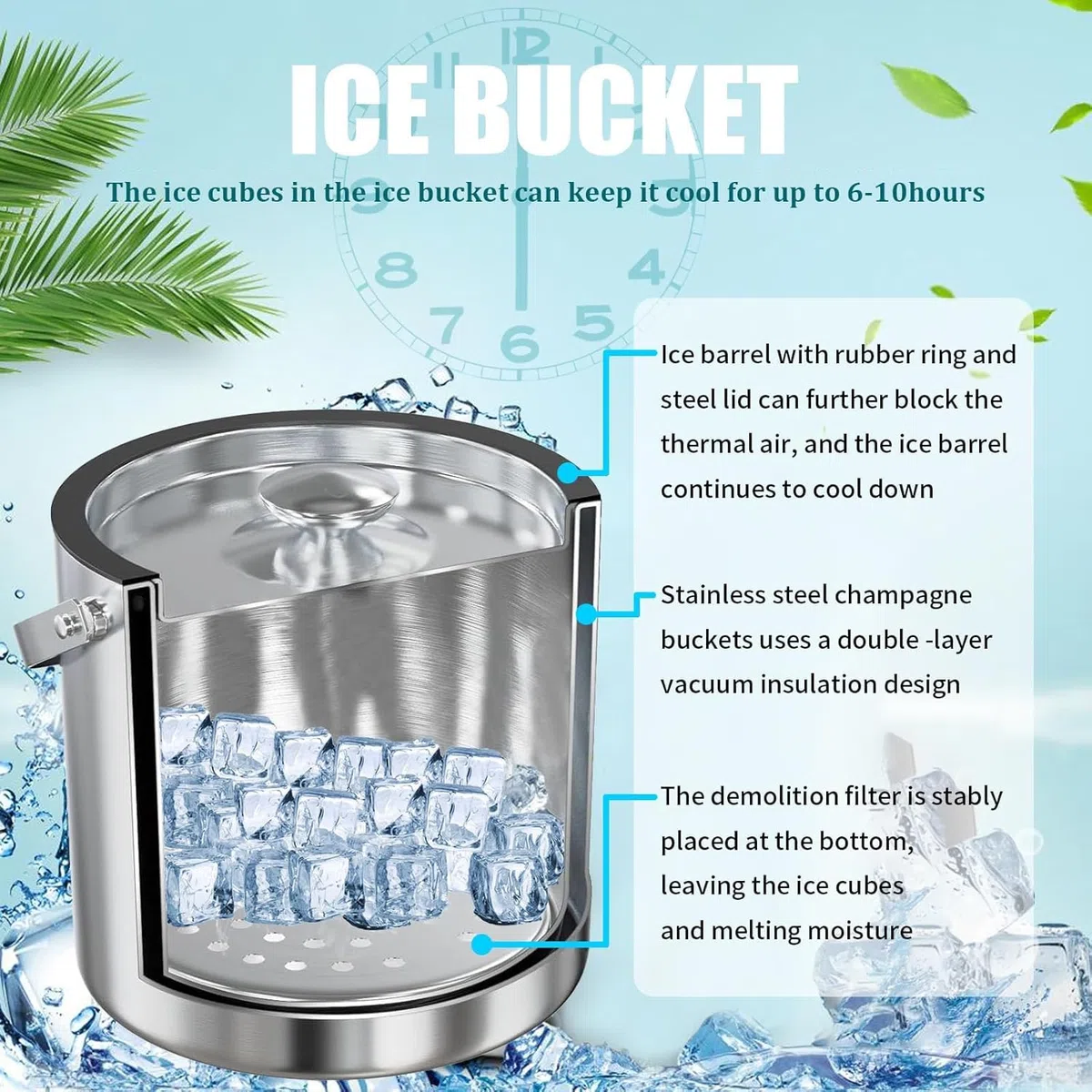 3L cubiteras para hielo grande hielera portátil cubiteras para botellas de doble pared de acero inoxidable champanera con Tapa Colador Cuchara hielo cubitos de hielo y Pinza