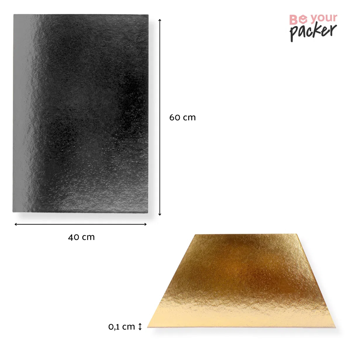 Bases de Tarta Rectangular 40x60 cm | Pack de 10 Oro - Negro | Grosor 1 mm | Expositor en Cartón para Bizcochos, Pasteles y Dulces | Dorado y Negro