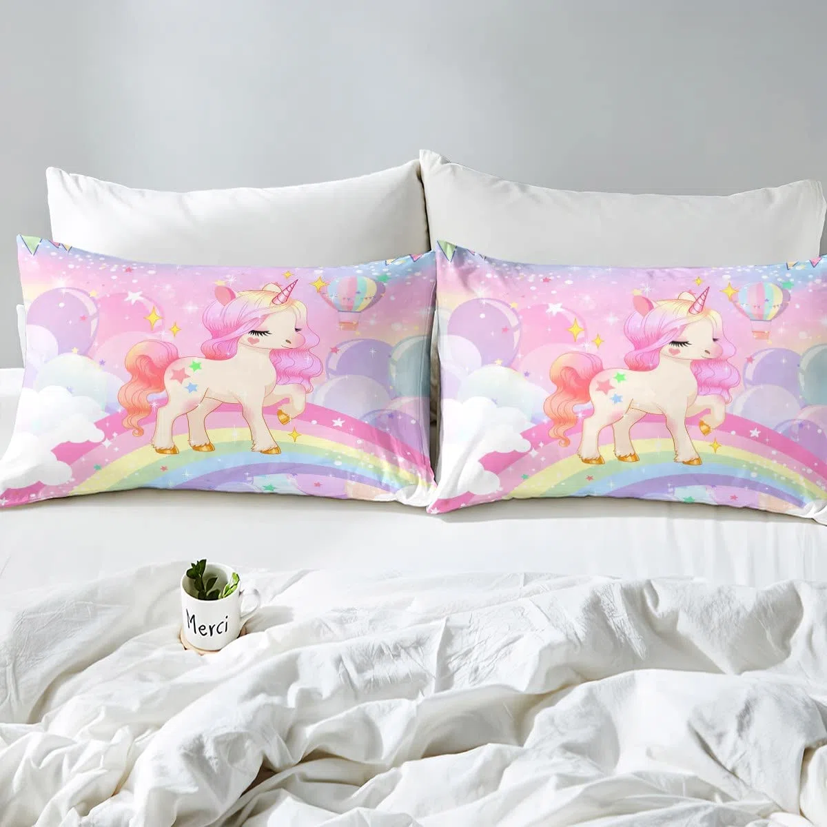 Loussiesd Juego de cama para niñas, diseño kawaii de unicornio y arcoíris, funda nórdica de dibujos animados, galaxia, estrellas, animales, 2 fundas de almohada, tamaño doble