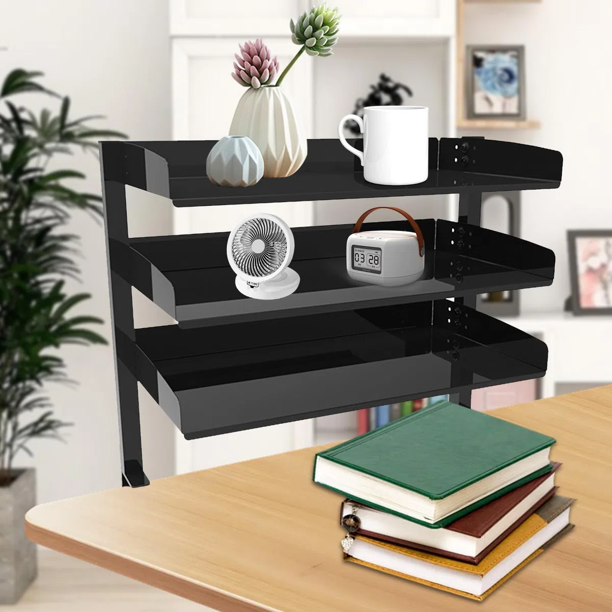 Estante de Escritorio, Estante Organizador de Escritorio Con Abrazadera, Estante de Escritorio Con Clip de 3 Niveles, Estante Adjunto de Escritorio Negro Para El Hogar, Oficina, Escuela 44 x 22 x 39