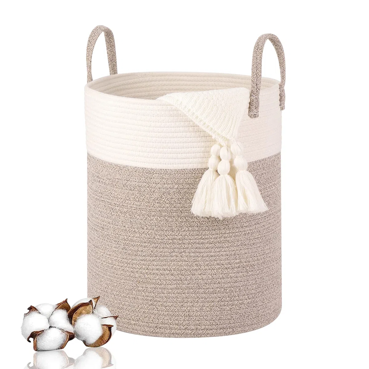 VORHOT Cesto Ropa Sucia Trenzado de Algodón, 66L Cesto Colada con Asa, Cubo Ropa Sucia para Lavadero Habitación Infantil Salon Baño, Laundry Basket Organizador para Mantas Juguete, 38x46cm