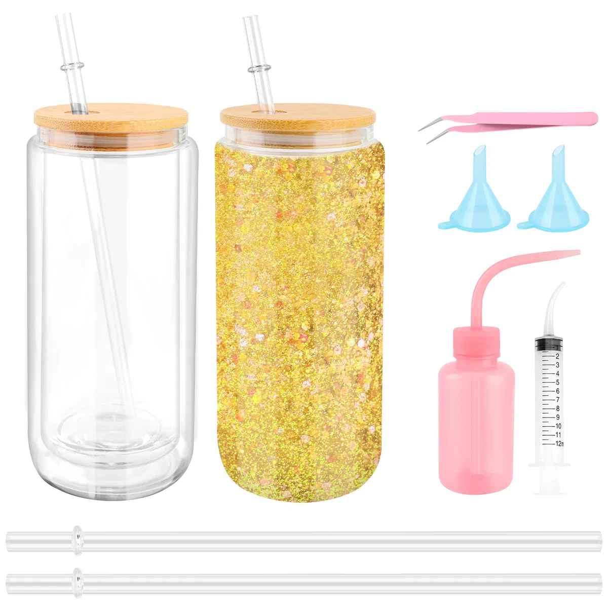 Juego de 7 vasos de globo de nieve, herramienta de bricolaje para globo de nieve con purpurina con 2 vasos de doble pared preperforados de 16 onzas, botella para apretar, embudo 2P, pinzas